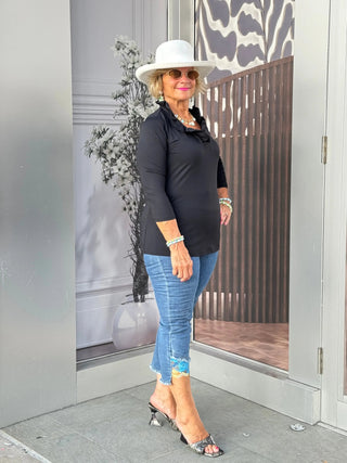 BLACK 3/25 SLEEVE RUFFLE TOP LULU-B