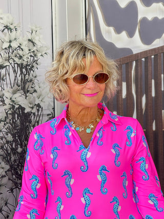 LULU B SEAHORSE BAY 3/4 SLEEVE V-NECK COLLAR SHIRT LULU-B