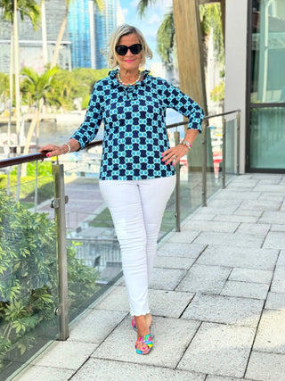 BLUE MEDALLION RUFFLE SLEEVE TOP LULU-B