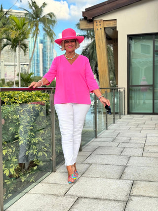 TAILORED HOT PINK SLEEVE V NECK TOP - Cathys Place