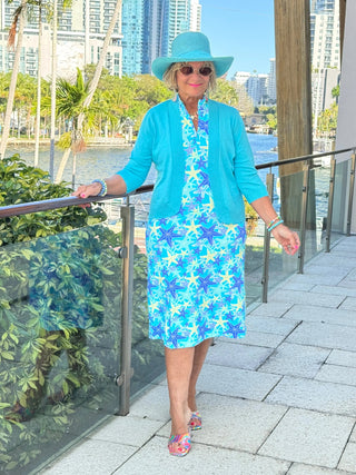 LULU B STARFISH SPLASH MIDI SLEEVELESS 1/4 ZIP MAXI DRESS LULU-B