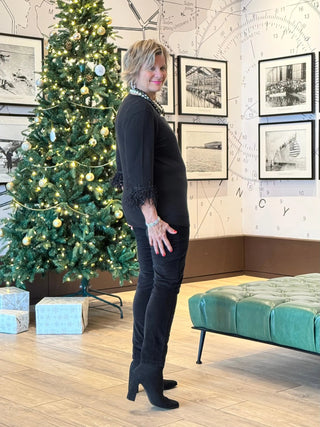 LULU-B BLACK SCOOP NECK FRINGE FANCY SWEATER LULU-B