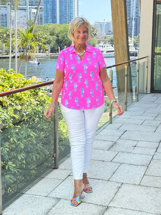 LULU B SEAHORSE BAY SHORT SLEEVE V-NECK COLLAR TOP LULU-B