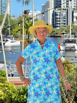 LULU B STARFISH SPLASH HALF ZIPPER SHORT SLEEVE DRESS LULU-B