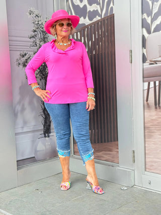 HOT PINK 3/25 SLEEVE RUFFLE TOP LULU-B
