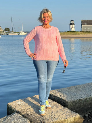 Cable-Knit Cotton PINK CREW Neck Sweater LULU-B