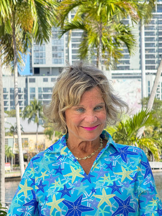 LULU B STARFISH SPLASH 3/4 SLEEVE V-NECK COLLAR SHIRT LULU-B