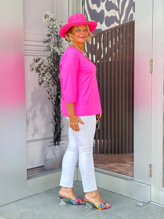 TAILORED HOT PINK SLEEVE V NECK TOP LULU-B