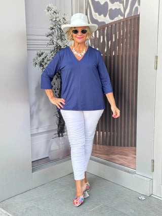 TAILORED NAVY SLEEVE V TOP LULU-B