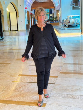 LULU-B  BLACK CASHMERE FRINGE FANCY CARDIGAN LULU-B