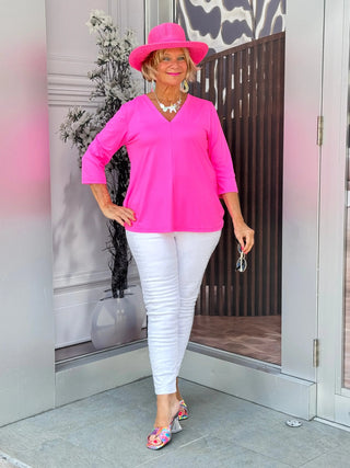 TAILORED HOT PINK SLEEVE V NECK TOP LULU-B