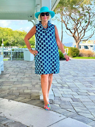 BLUE MEDALLION RUFFLE DRESS LULU-B