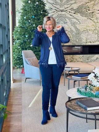 LULU-B NAVY CASHMERE FRINGE FANCY CARDIGAN LULU-B