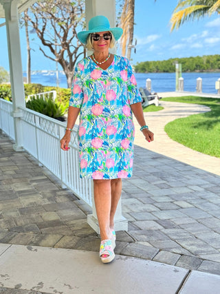SEASHELL BEACH ELBOW SLEEVE DRESS - Cathys Place