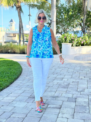 BLUE DREAMING HEARTS SLEEVELESS RUFFLE TOP LULU-B