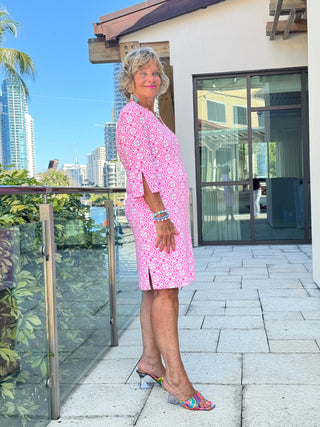 LULU B TROPIC PETALS NOTCH SLEEVE DRESS LULU-B