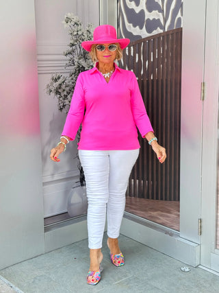 LULU-B HOT PINK SHORT SLEEVE STONE COLLAR V NECK LULU-B