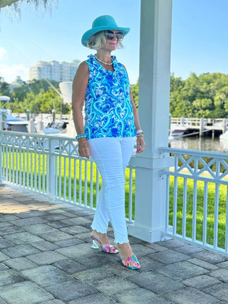 BLUE DREAMING HEARTS SLEEVELESS RUFFLE TOP LULU-B