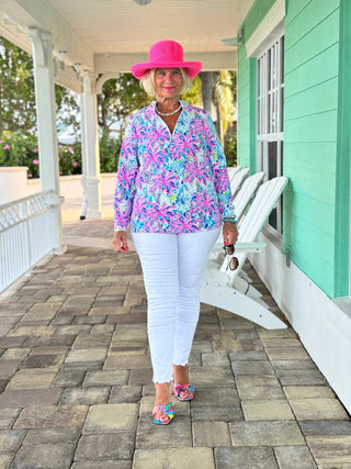 PINK PALM TREE ZIPPER TOP - Cathys Place