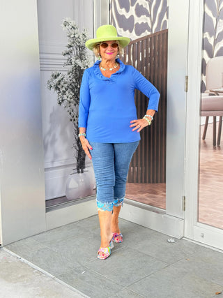 BLUE 3/25 SLEEVE RUFFLE TOP LULU-B