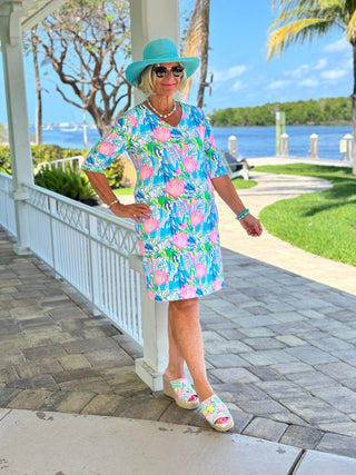 SEASHELL BEACH ELBOW SLEEVE DRESS - Cathys Place