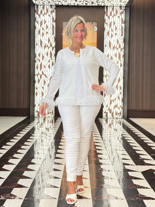 LULU-B WHITE FRINGE FANCY CARDIGAN LULU-B