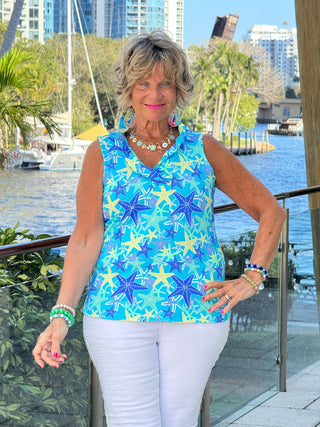 LULU B STARFISH SPLASH SLEEVELESS RUFFLE TOP LULU-B