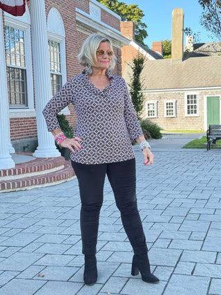 Lulu-B  Harbor Diamond Ruffle Neck Sleeve Top LULU-B