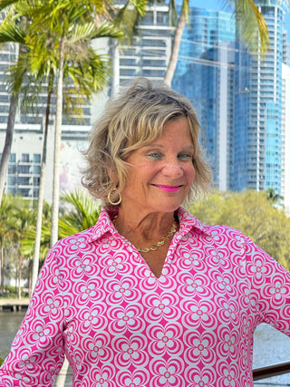 LULU B TROPIC PETALS 3/4 SLEEVE V-NECK COLLAR SHIRT LULU-B