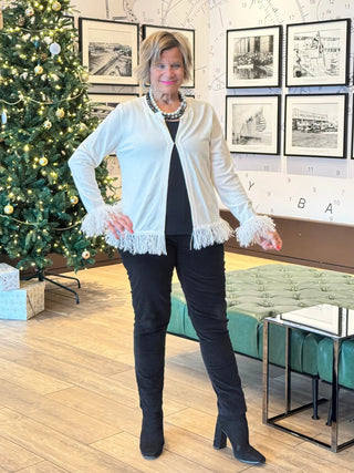 LULU-B WHITE CASHMERE FRINGE CARDIGAN LULU-B