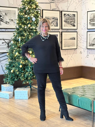 LULU-B BLACK SCOOP NECK FRINGE FANCY SWEATER LULU-B