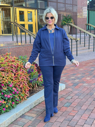 Crystal Zipper Cardigan with Collar Navy Cathys Place