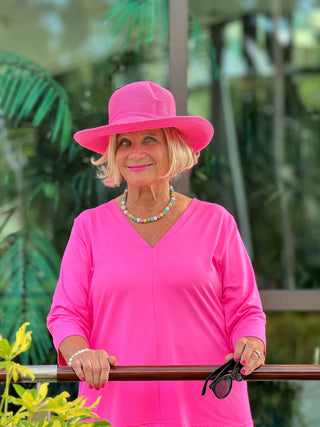 TAILORED HOT PINK SLEEVE V NECK TOP - Cathys Place