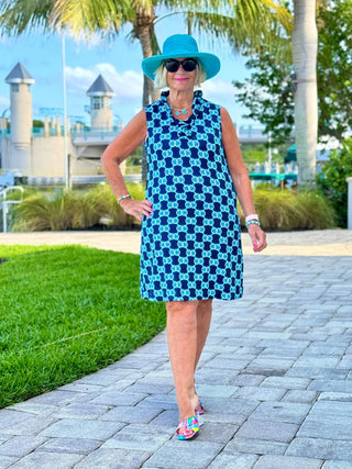 BLUE MEDALLION RUFFLE DRESS LULU-B