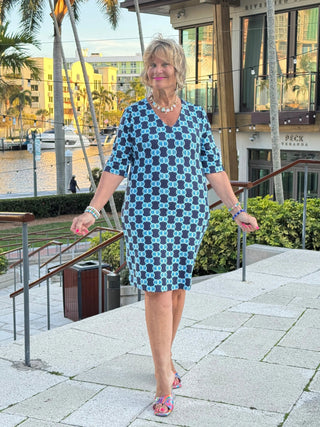 BLUE MEDALLION ELBOW DRESS LULU-B