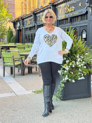 LEOPARD WHITE SEQUIN HEART APPLIQUÉ TOP Cathys Place
