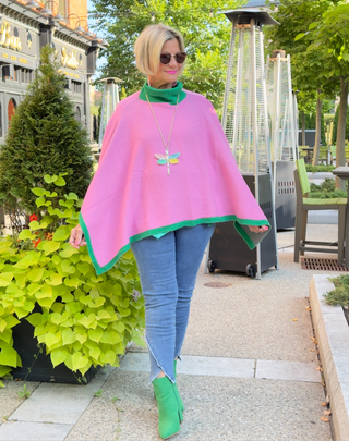 PINK AND GREEN KNIT PONCHO BEACH STYLE