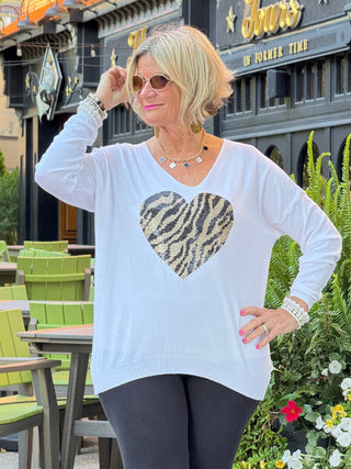 LEOPARD WHITE SEQUIN HEART APPLIQUÉ TOP Cathys Place