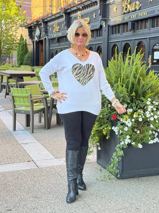 LEOPARD WHITE SEQUIN HEART APPLIQUÉ TOP Cathys Place