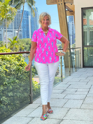 LULU B SEAHORSE BAY SHORT SLEEVE V-NECK COLLAR TOP LULU-B