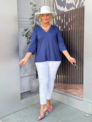 TAILORED NAVY SLEEVE V TOP LULU-B