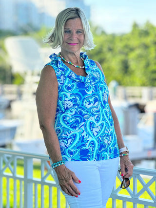 BLUE DREAMING HEARTS SLEEVELESS RUFFLE TOP LULU-B