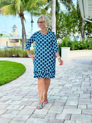 BLUE MEDALLION RUFFLE SLEEVE DRESS LULU-B
