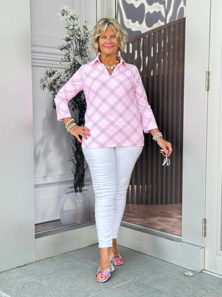 LULU B PINK CHIC 3/4 SLEEVE V-NECK COLLAR SHIRT LULU-B