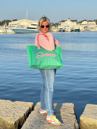 SEWN ROPE SUMMER LETTER FRINGED CANVAS BAG Cathys Place