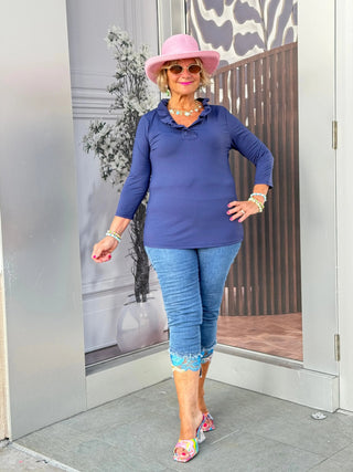 NAVY 3/25 RUFFLE TOP LULU-B