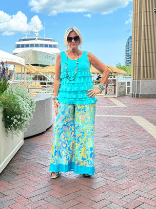TROPICAL AQUA MARINE PALAZZO PANT CATHYS RESORTWEAR