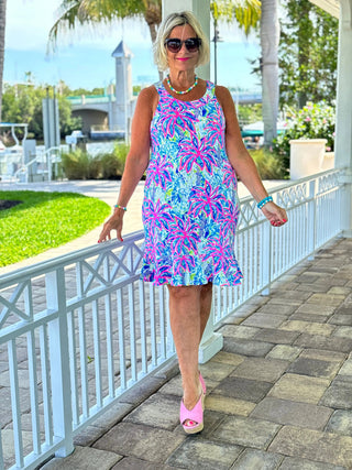 PINK PALM HALTER RUFFLE DRESS LULU-B