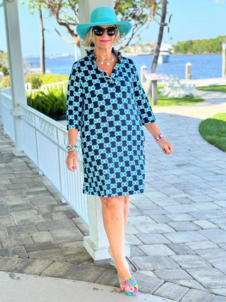 BLUE MEDALLION SLEEVE RUFFLE NECK DRESS LULU-B