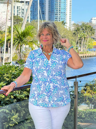 LULU B CORAL BREEZE SHORT SLEEVE V-NECK COLLAR TOP LULU-B